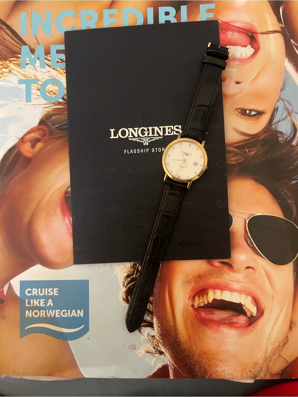 Longines Gold Tone Case White Dial Black Leather Strap Dress Watch